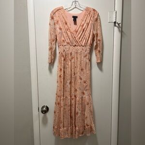 Kate and Lilly Elegant Peach Floral Midi Dress Smocked Waist Sheer Sleeves NWOT
